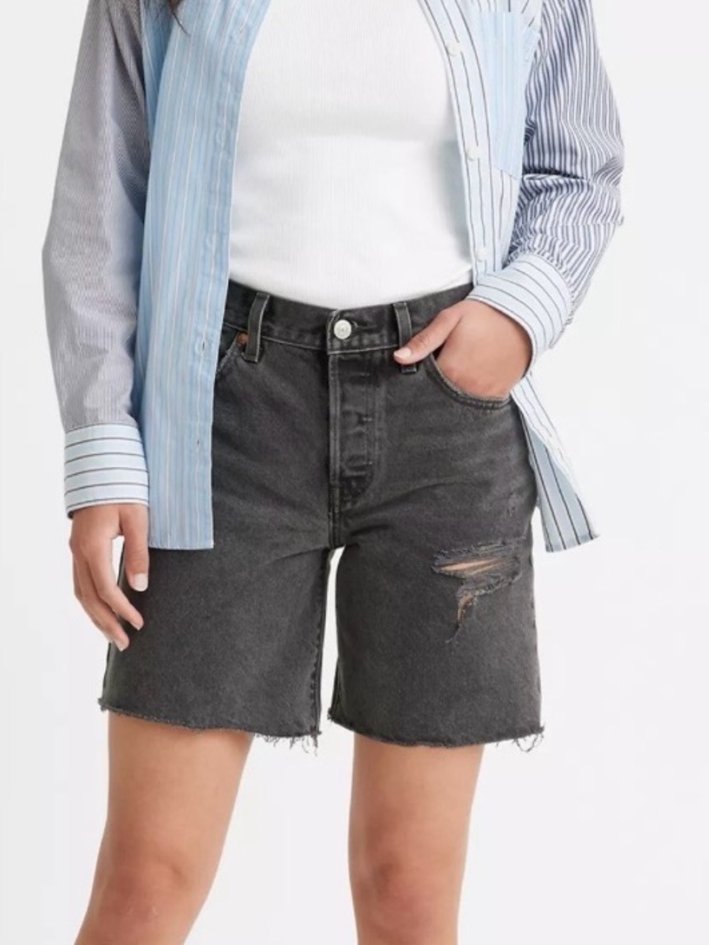 Levi's 90’s Mid Rise Washed Black Distressed Bermuda Jean Shorts